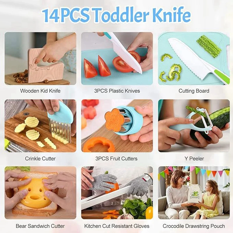 ABNO-ชุด Kitchenknife สําหรับเด็ก มีดไม้และพลาสติก เขียง ที่ปอกรูปตัว Y มีดริ้วรอย ส้อมผลไม้