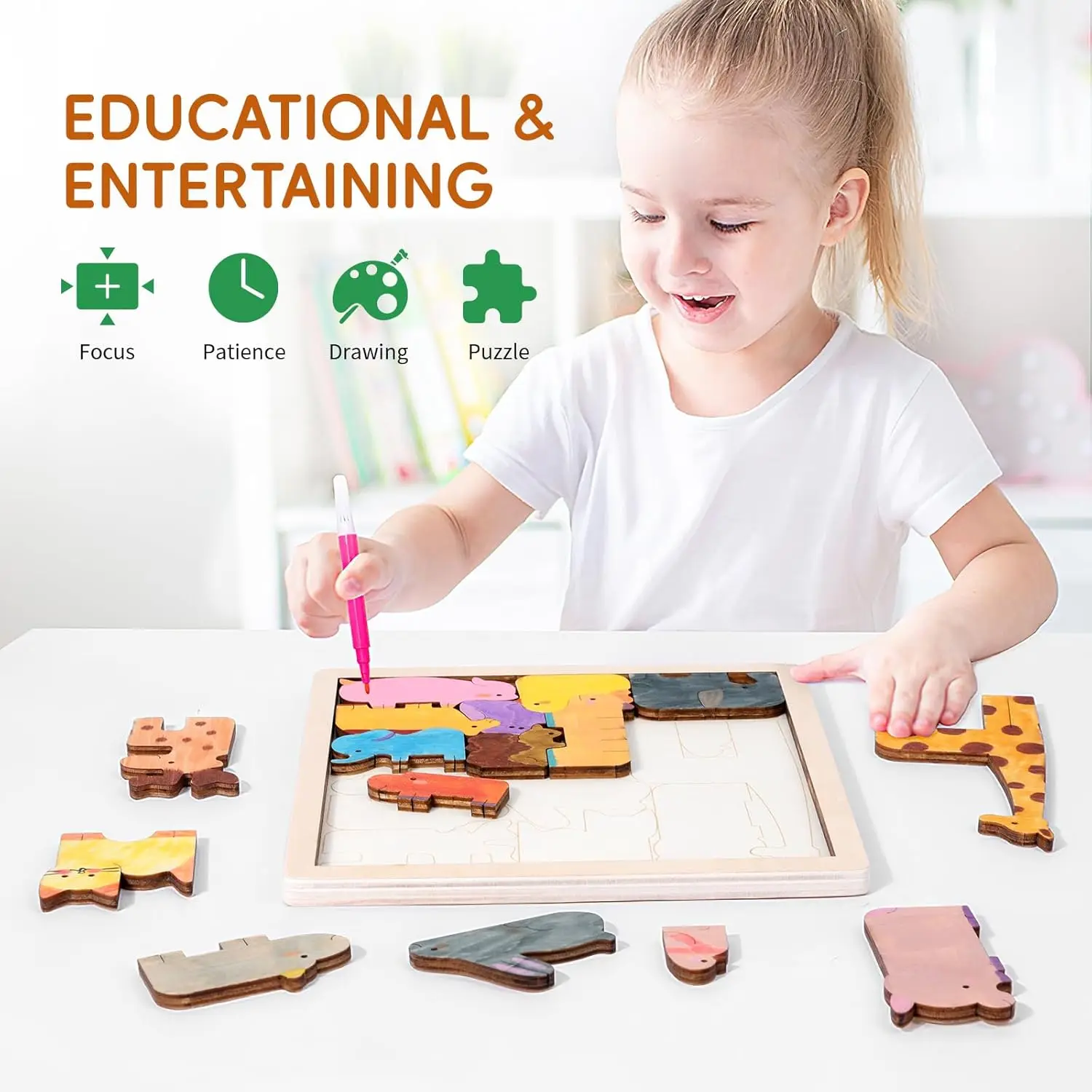 Montessori-Tierpuzzle aus Holz für Kleinkinder ab 3 Malen Sie Ihre eigenen Tierblöcke mit 12 farbigen Stiften STEM-Lernspielzeug pädagogisch