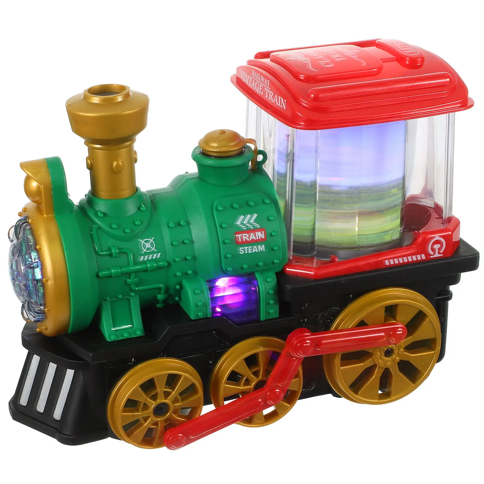 

Electric Cartoon Spraying Steaming Train Musical Lights Rotating Educational Interactive Kid's Fun Plaything Train Toy