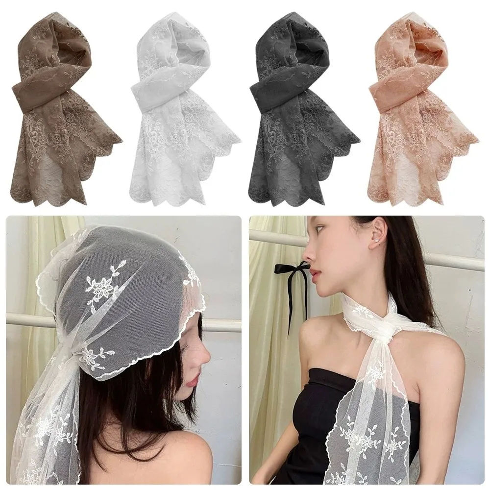 

Versatile Elegant Embroidered Headband French Style 140×30cm Lace Scarf Thin Long Headscarf for Women