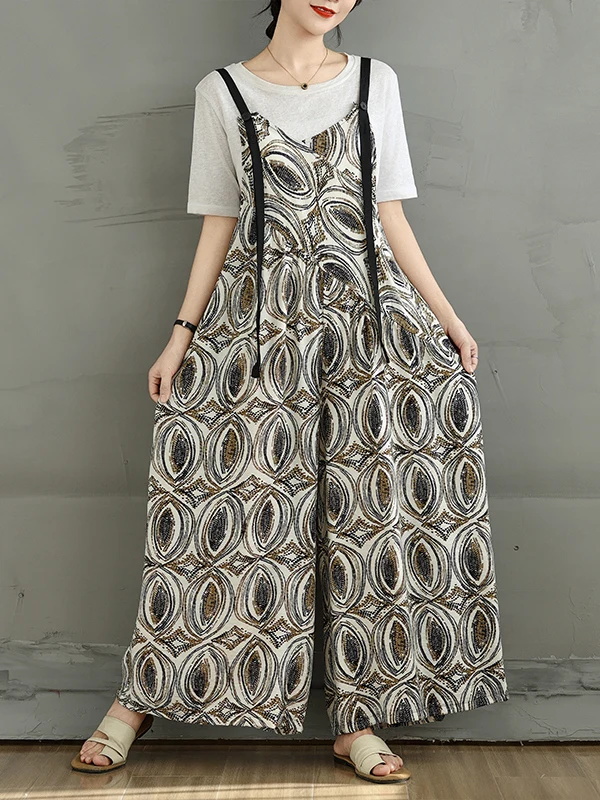 Summer 2025 New Vintage Printed Loose Slimming Strap Onesie Women's plus Size Clothing Long Pants Low Waist Cotton Fabric