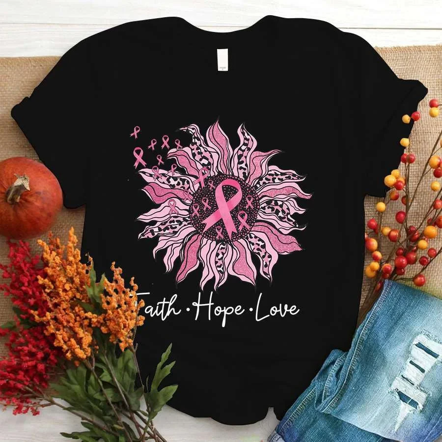 

Cool Breast Cancer Sunflower Faith Hope Love Print T-shirt For Women Summer Fashion Casual T-shirts Short Sleeve