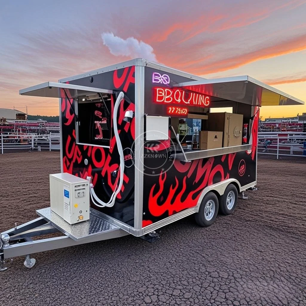 로고 맞춤형 스테인리스 스틸 푸드 트레일러 케이터링 트레일러 바베큐 레스토랑 바 카트 완비 푸드 트럭