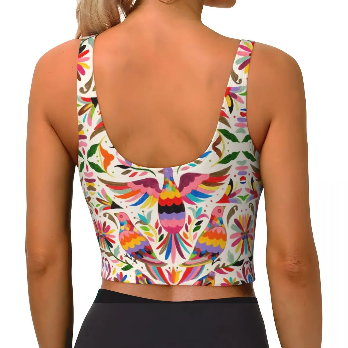 Sutiãs esportivos de moda personalizados para mulheres, textura mexicana Otomi Birds, alto impacto, arte floral popular, treino sem costura executando tops de tanques de colheita