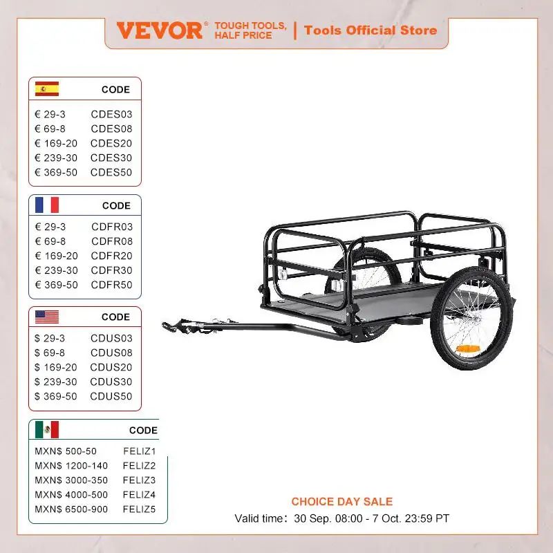 

VEVOR 160 lbs Bike Cargo Trailer Foldable Storage Bicycle Wagon Cart with 16" Wheels Safe Reflectors Fits 22"-28" Bike Wheels