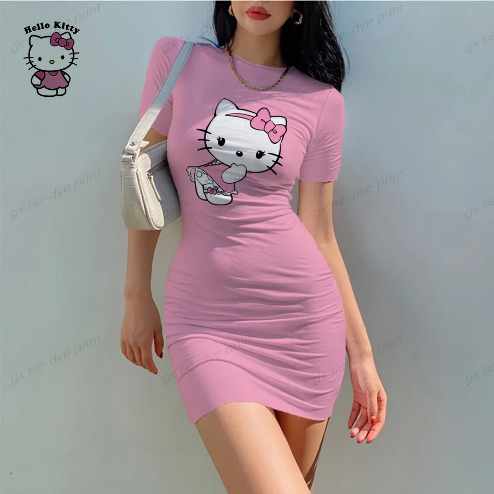 Zomer Mini Jurken Vrouwen Hello Kitty Print Skinny Office Jurk Korte Mouw Bandage Bodycon Party Strandjurk Vestidos Gewaden