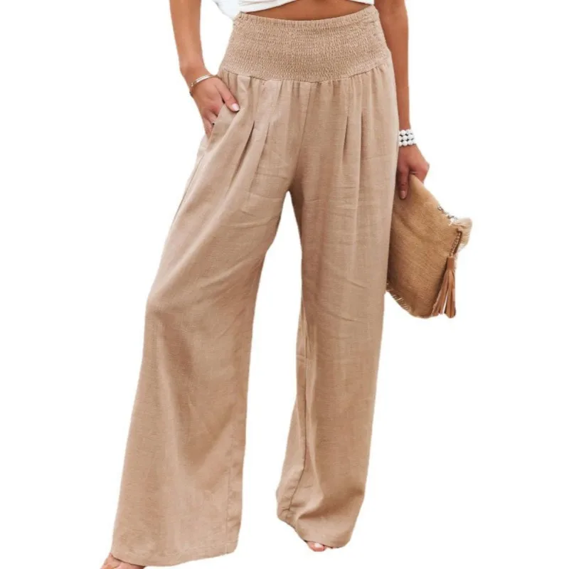 

New Women's Spring and Summer Cotton Hemp Elastic Waist Wide Leg Pants Casual Pants Long Pants