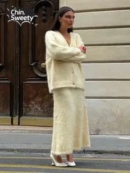 Conjunto de cárdigan de punto con cuello en V para mujer, traje de falda Maxi elegante para ir al trabajo, trajes de calle alta, moda de otoño, 2024