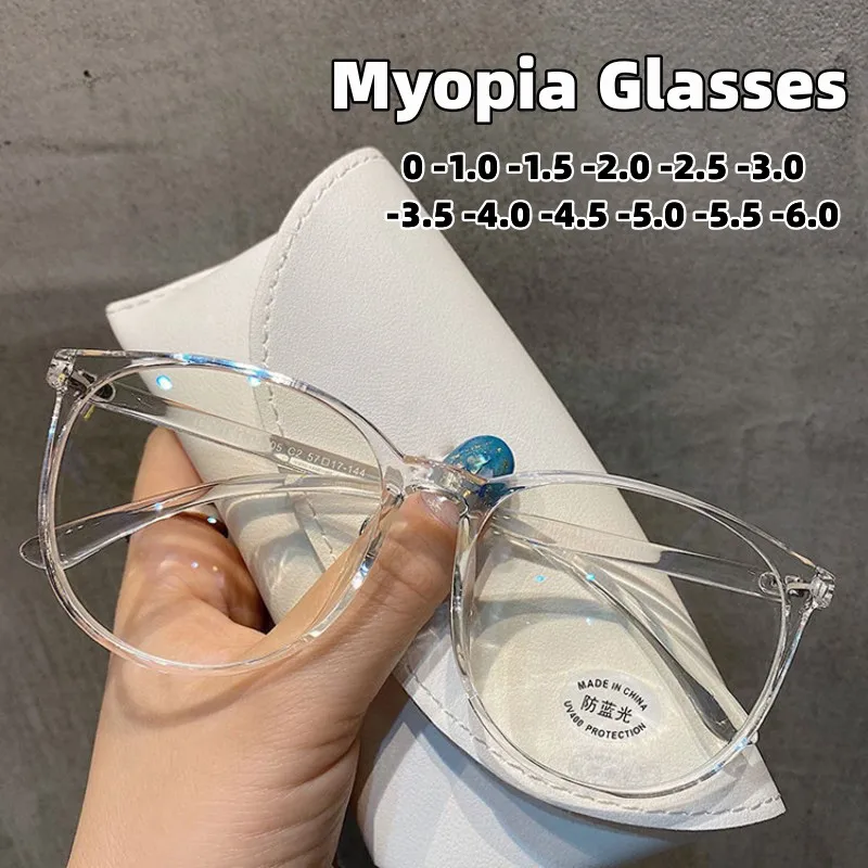 Stylish Oversize Round Frame Myopia Glasses Women's Anti-blue Light Short-sighted Eyewear Optical Prescription Minus Diopter