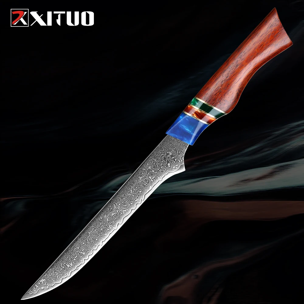 Coltello per disossare giapponese Coltello per filetto in acciaio di Damasco da 6 pollici Mannaia da cucina con lama flessibile affilata per pesce, pollame, pollo, carne tagliata