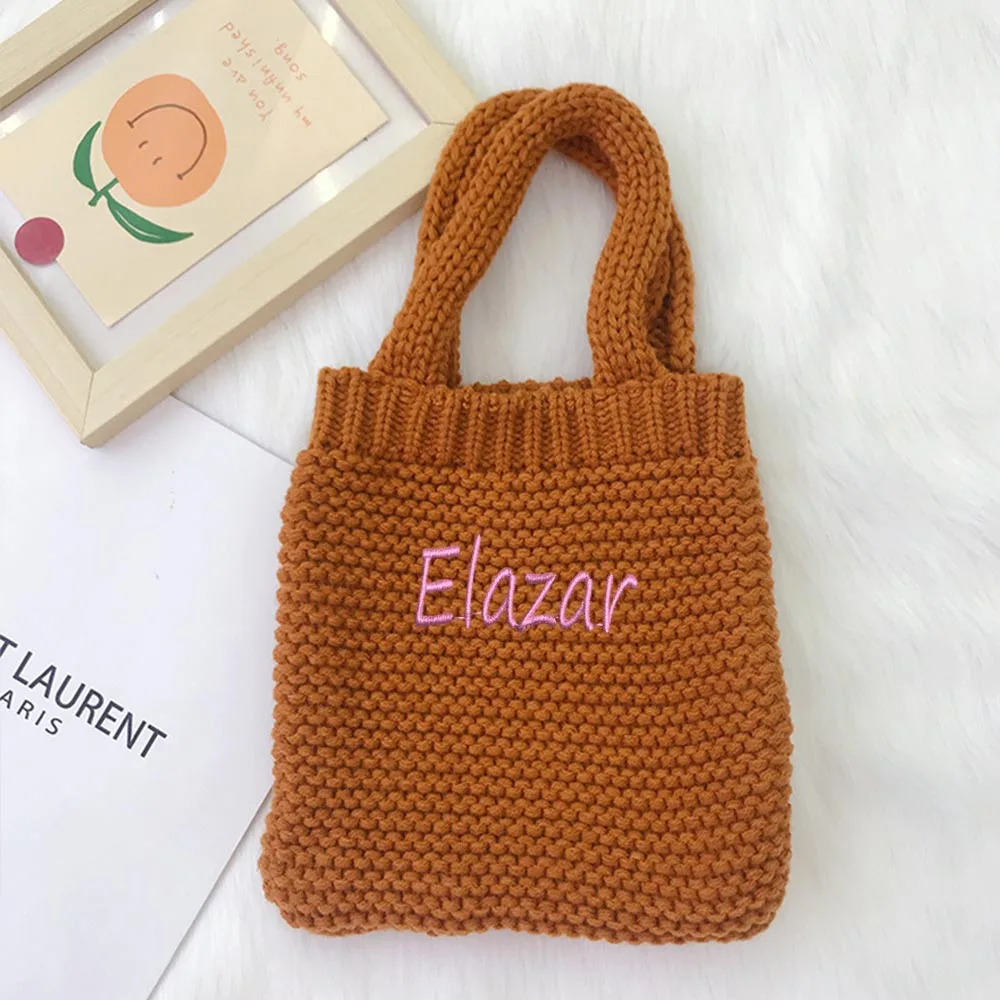 Custom Cotton Knitted Handbag Women Winter Knitting Small Tote Bag Woolen Embroidered Name Retro Outdoor Mini Shopping Bag