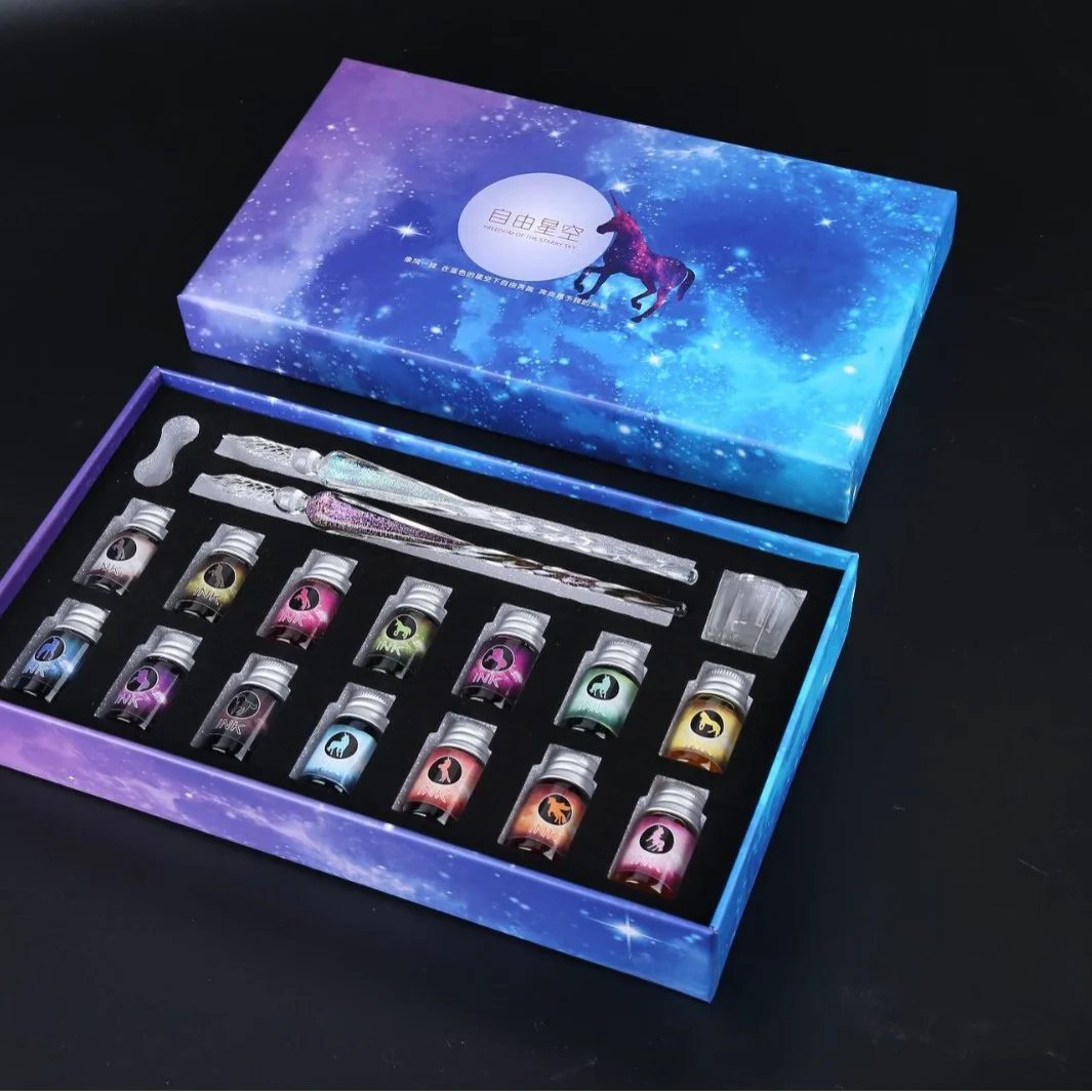 قلم السماء المرصعة بالنجوم الملون، قلم زجاجي، قلم غمس، أدوات مكتبية، هدية إبداعية، قلم توقيع، هدية