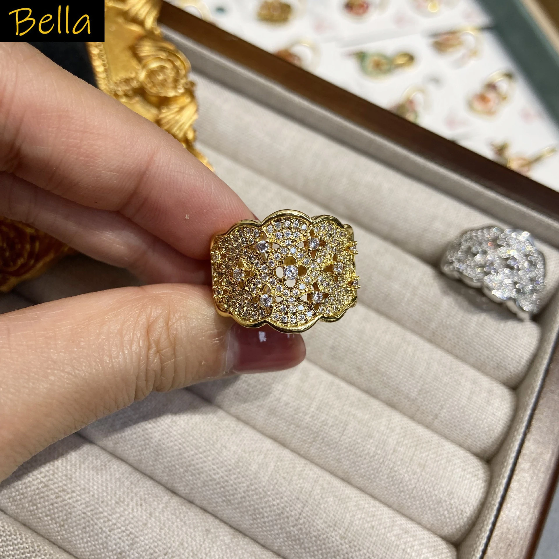 

vintage opening ring for women jewelry hollowed-out flower silver gold color