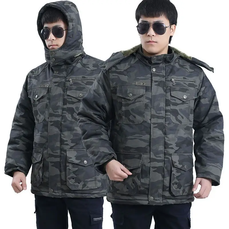 Winter Warm Windproof Labor Protection Top Plush Thickened Cotton Coat Camouflage Electric Welding Machine Repair Work Clothes