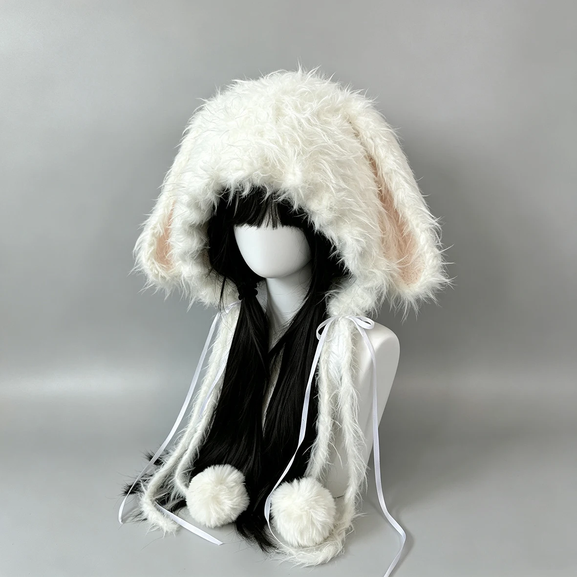 Custom Handmade White Black Rabbit Bunny Ears Hood Crochet Pom Pom Knitted Winter Warm Beanie Kawaii Fairycore Lolita Headwarmer