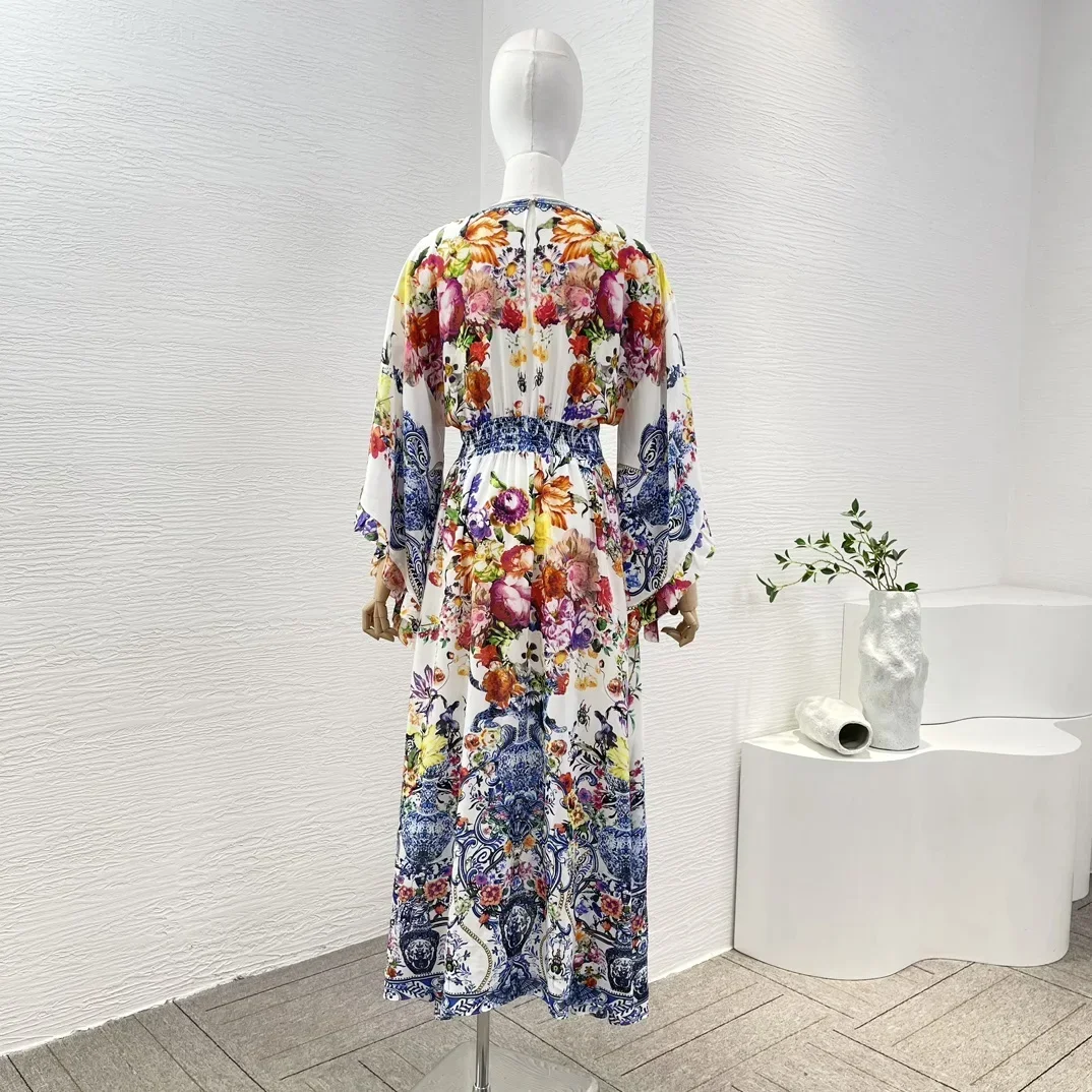 Silk Summer 2024 New White and Blue Porcelain Flowers Print Long Sleeve Diamonds Pressed V-Neck Midi Dresses for Women