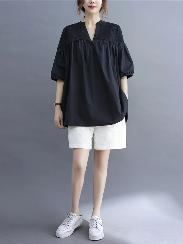 

Faionable Hollow out Splice Doll irt Loose Casual Top for Younger Looking Women Summer Large Size Clothing