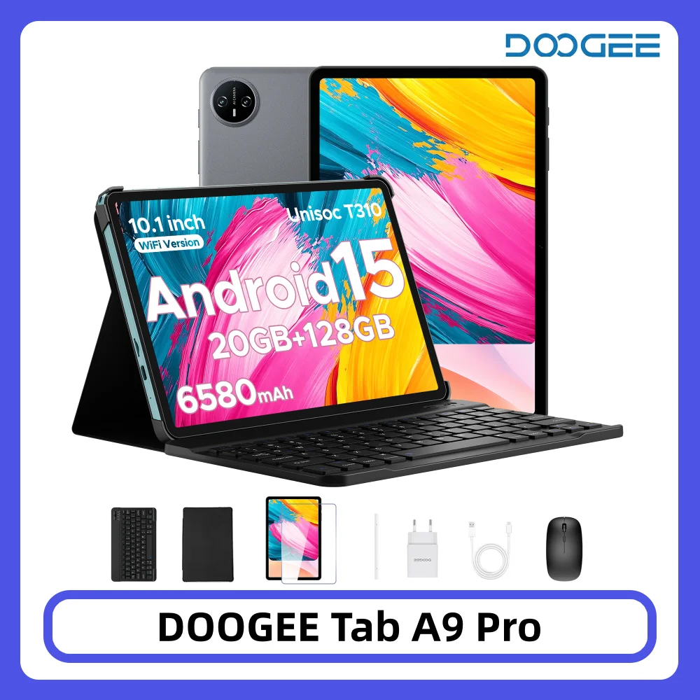 DOOGEE Tab A9 Pro tablette 10.1 "écran HD Android 15 20GB RAM 128GB ROM 6580mAh grande batterie double haut-parleurs 8MP + 5MP Pad PC