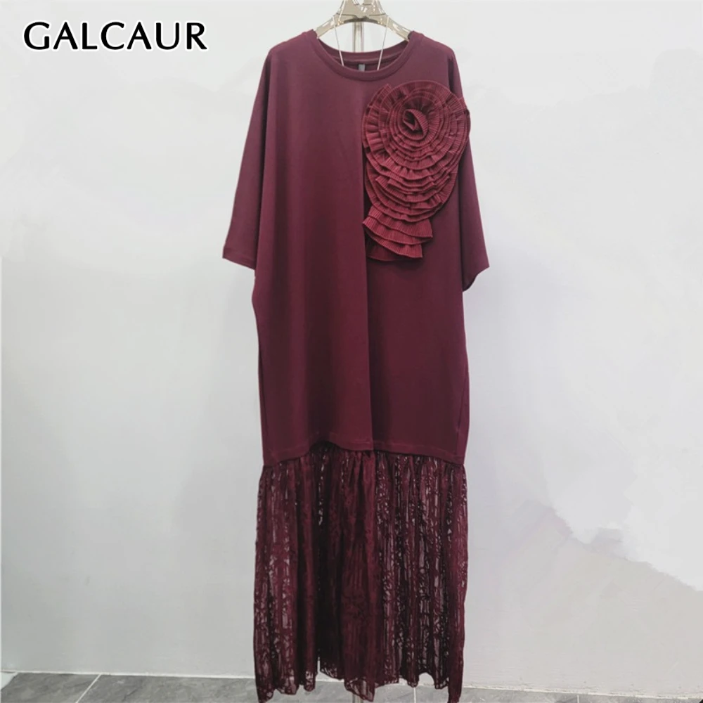 Galcaur sólido emendado 3d flor vestido feminino o pescoço manga longa solto design temperamento vestidos femininos estilo de moda verão