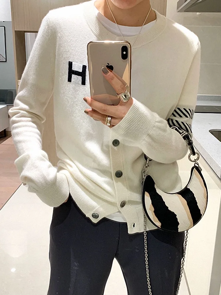 Europe station cashmere cardigan women\'s loose H-letter thin knitted jacket sweater slim round neck sweater