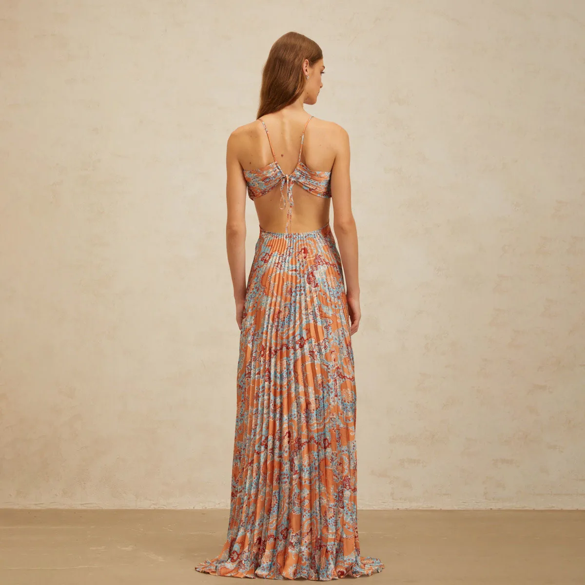 Kwtx feminino designer halter pescoço maxi vestido plissado impressão renda recorte praia festa vestido de noite primavera verão 2026 novo