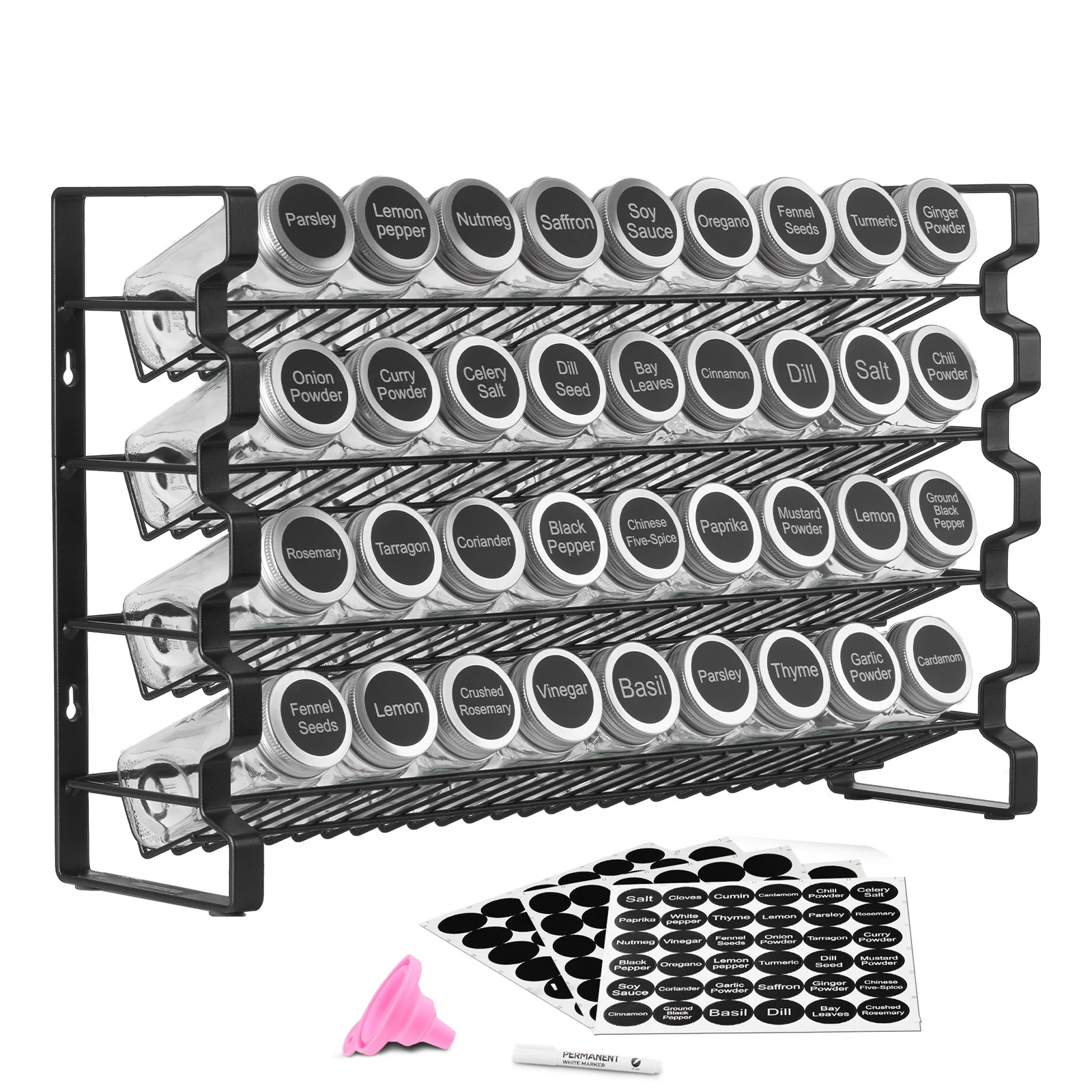 SucceBuy Organizador de especias para gabinete con 36/72 tapas de tarros de especias vacíos etiquetas de especias y embudo organizador completo de condimentos