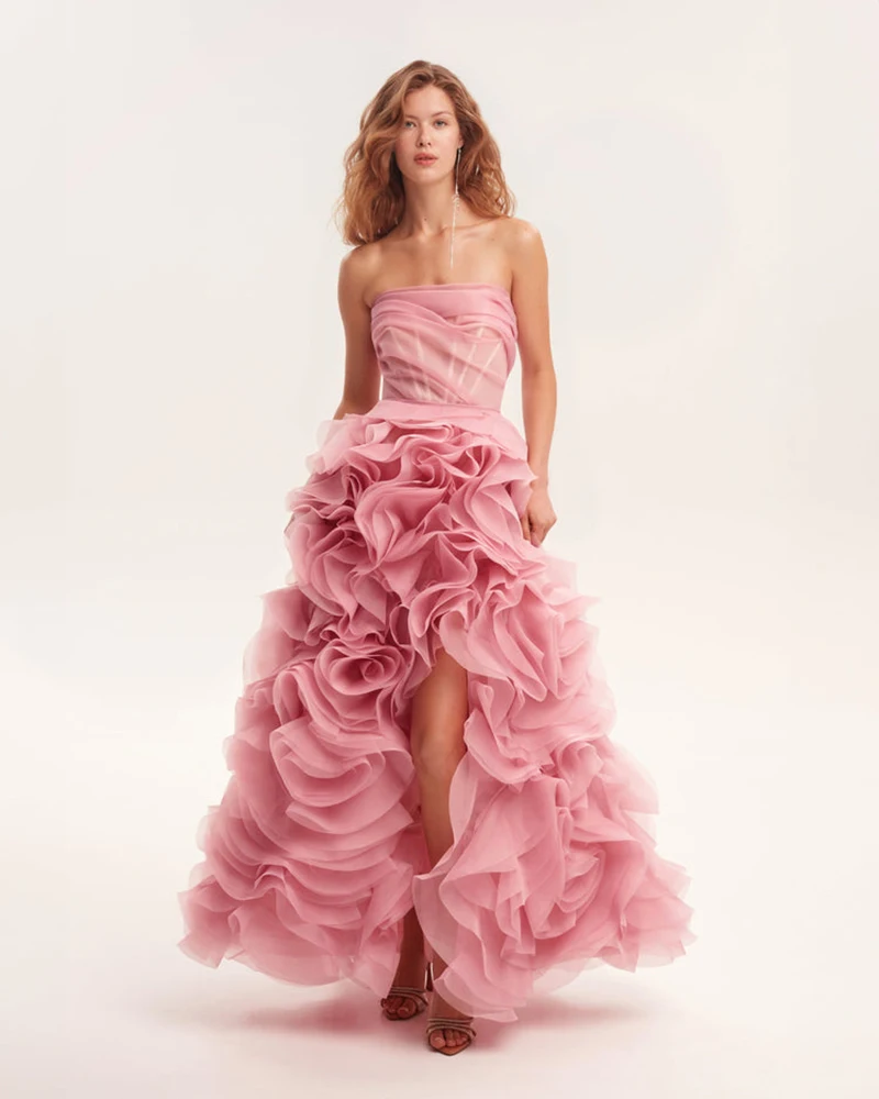 Robe de soirée en organza pour femmes sexy, élégante, à volants, sans bretelles, pour cocktail, Rh