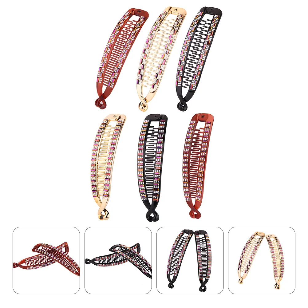 

6pcs Fish Shape Clips Rhinestone Ponytail Holder Vertical Hair Clamp For Long Thick Hair Women Party Wedding Updo Styling Tool