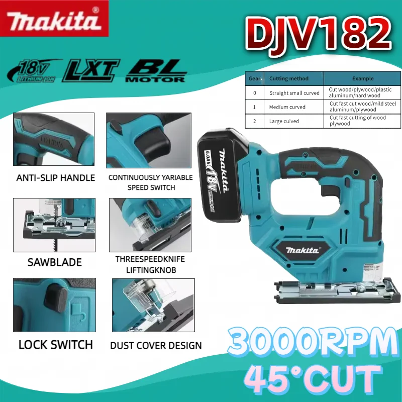 마키타 DJV182 무선 배럴 핸들 직소 브러시리스 340W 직소 전기톱 목재/플라스틱/금속 절단 공구용