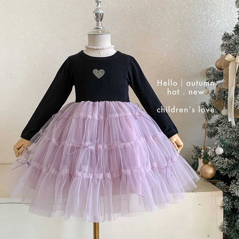Spring Autumn New 2 3 4 5 6 8 10 12 Years Children Clothing Heart Patchwork Bowtie Long Sleeve Tulle Dress For Baby Kids Girls