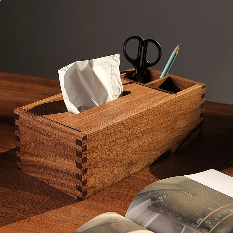 North American Black Walnut Multifunctional Tissue Box Desktop Remote Control Scissor Organizer