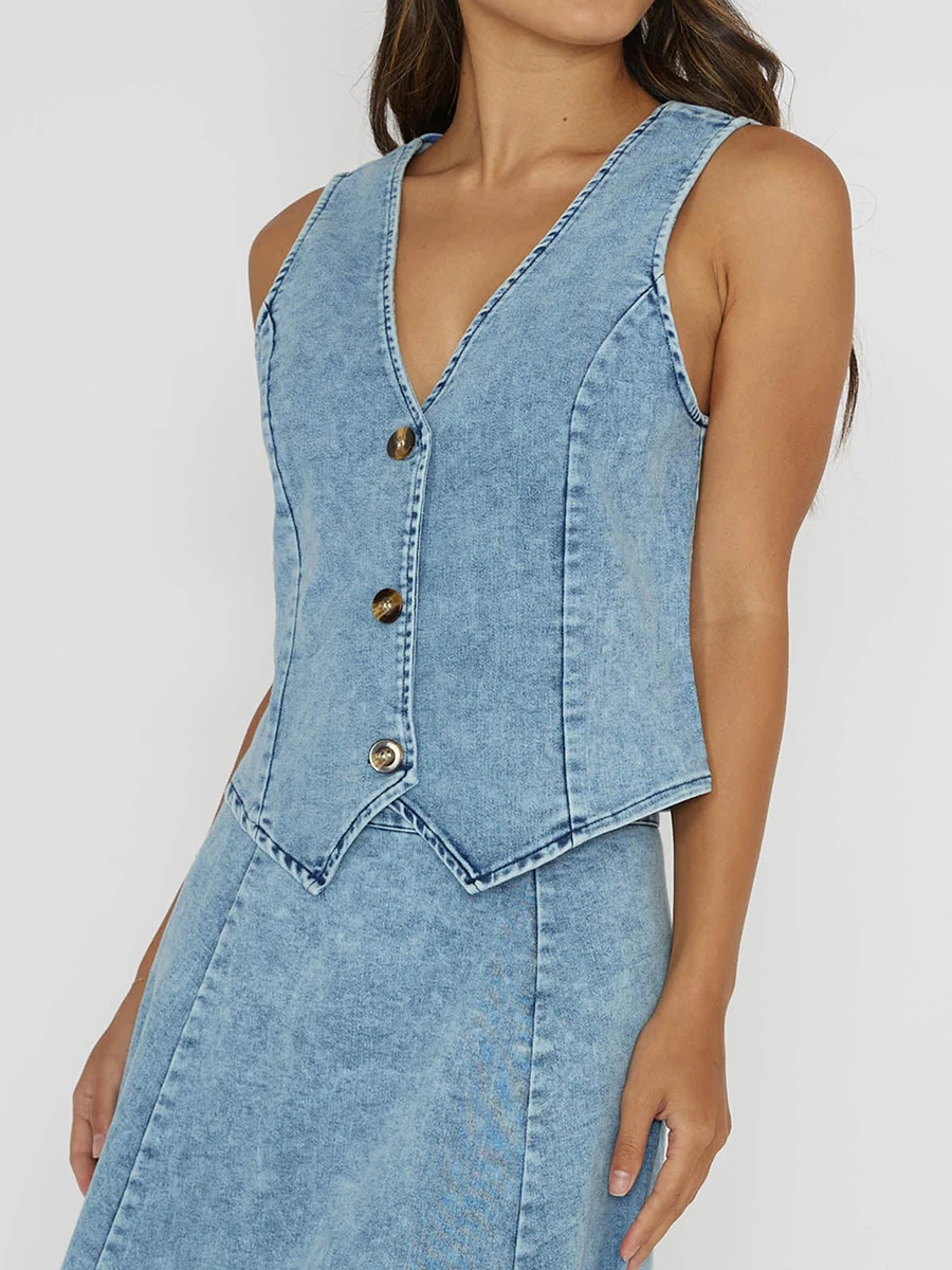 Women s Sleeveless Denim Vest V Neck Button Down Jean Waistcoat Jackets