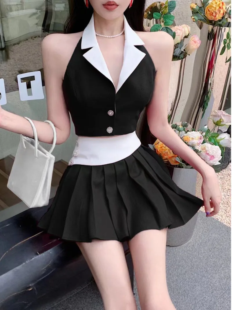 Summer new hanging collar suit vest+pleated short skirt for women 2024 new Korean design paired with fashionable trend set OLWM