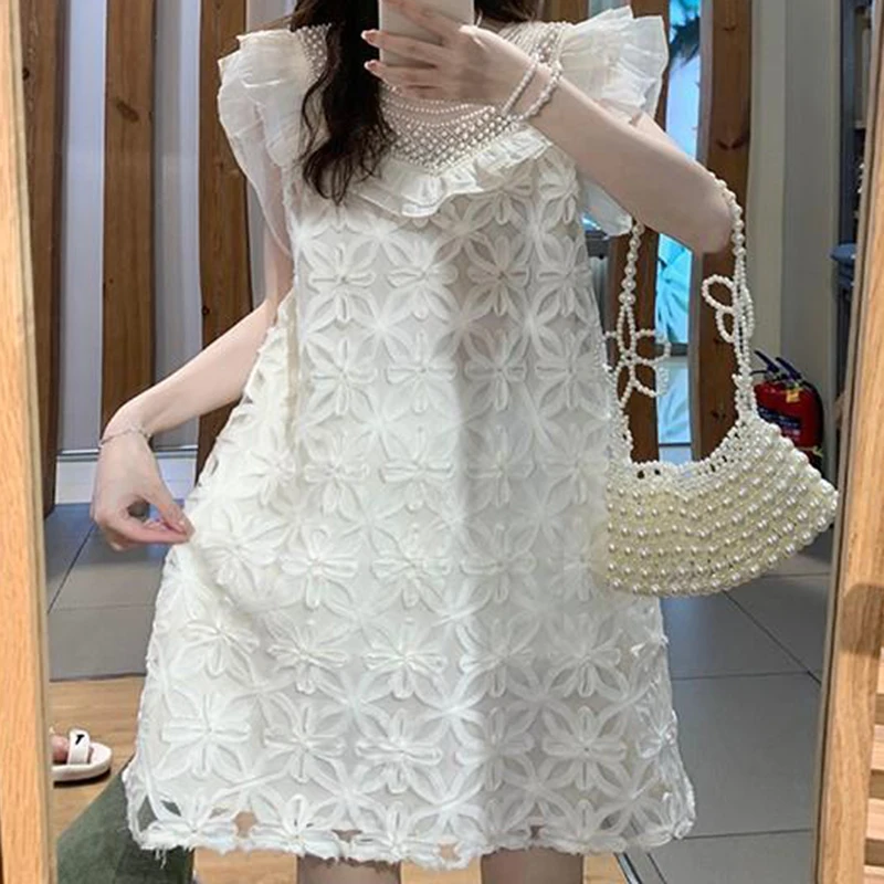 High end French sweet s bead cutting hollow lace ruffle edge design tea style dress for women in summer