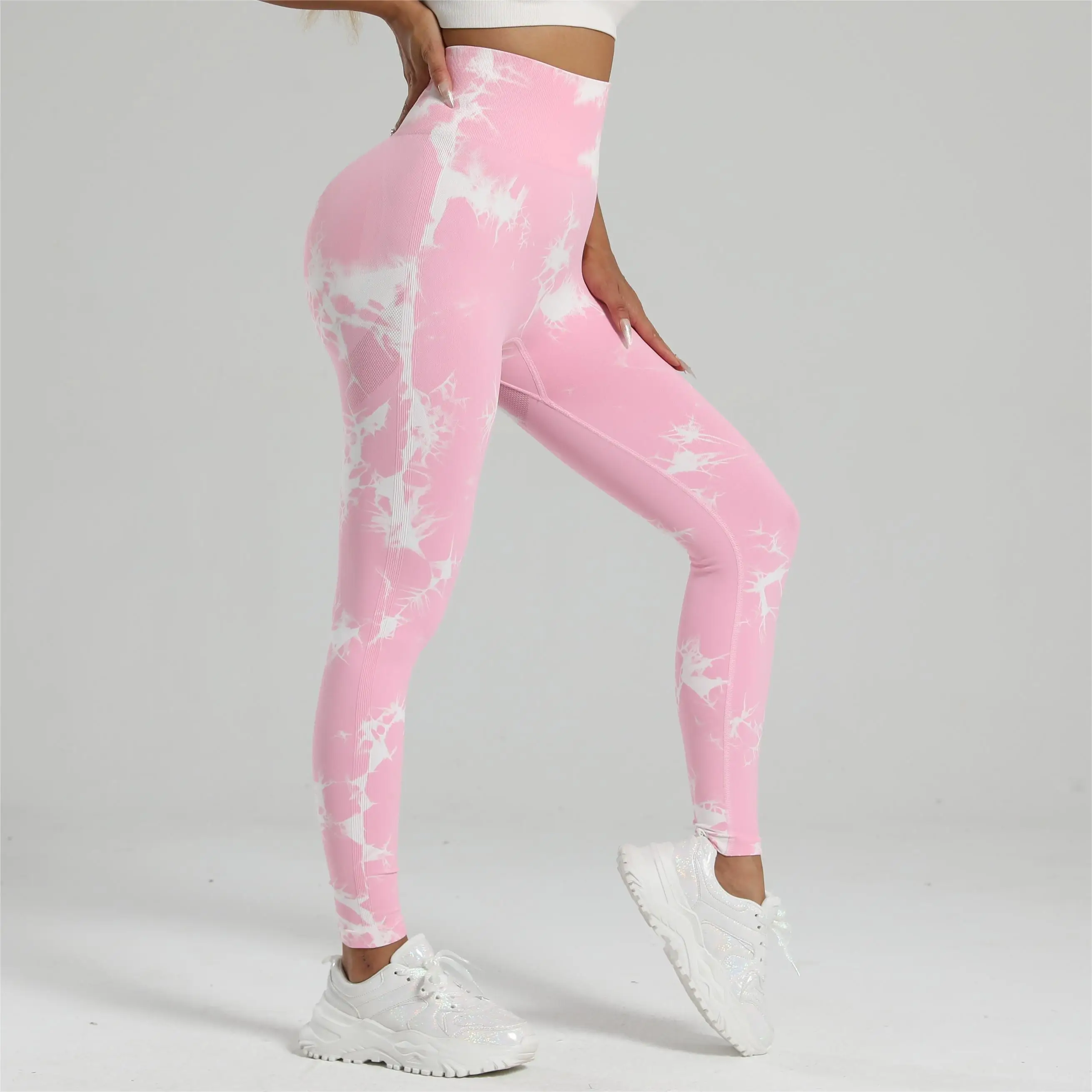 2Pcs Tie Dye Gym Leggings Women Seamless Yoga Pants Scrunch Sports Tights High Waist Workout Training Leggins Light Pink