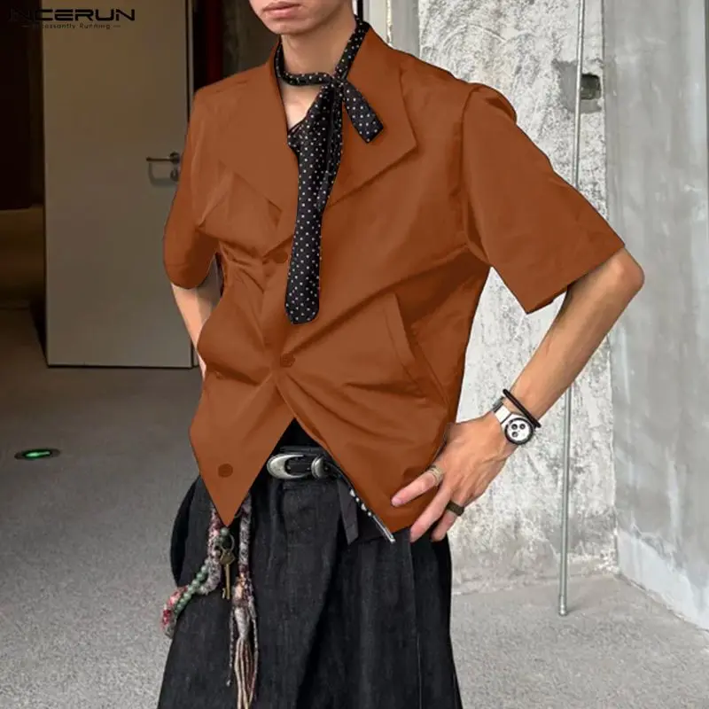 

INCERUN Men's Shirt Lapel Short Sleeve Summer Button Casual Menswear Clothing Camisa Streetwear Solid Fashion Shirts For Man