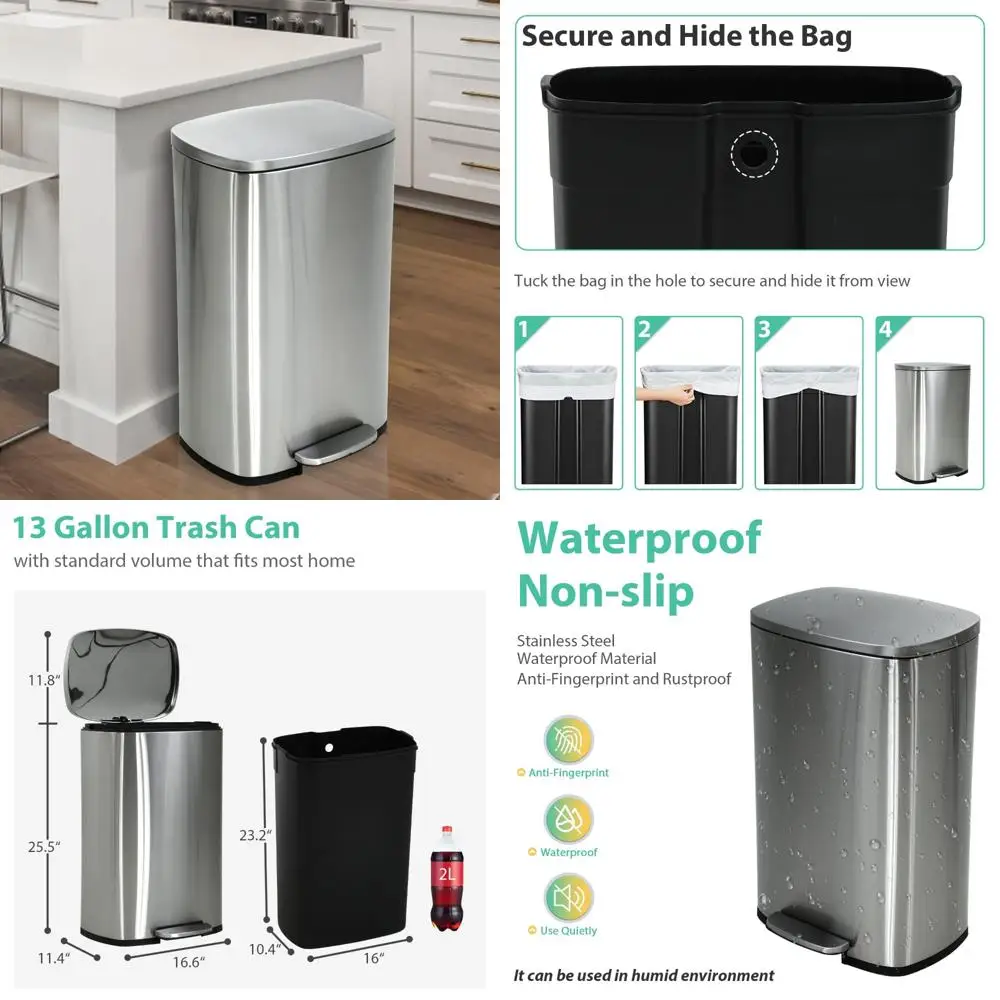 

13 gallon tall kitchen trash can with foot pedal, inner bucket, and fingerprint-resistant lid