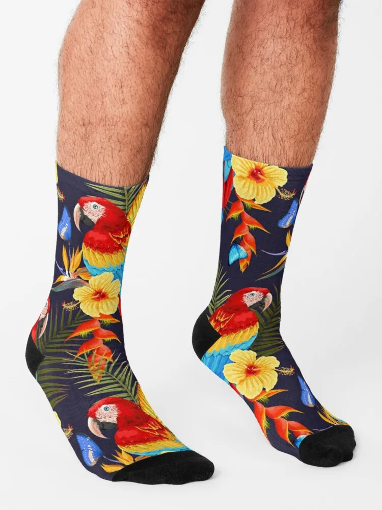 Calcetines térmicos de invierno para hombres, pintura de guacamayos salvajes, pájaros tropicales exóticos, coloridos