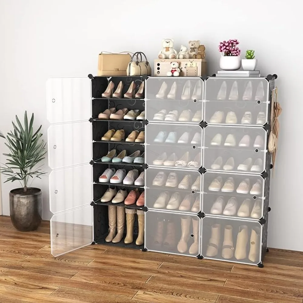 WEXCISE Portable Shoe Rack Organizer with Door, 48 Pairs Shoe Storage Cabinet Easy Assembly, Plastic Adjustable Shoe Organizer
