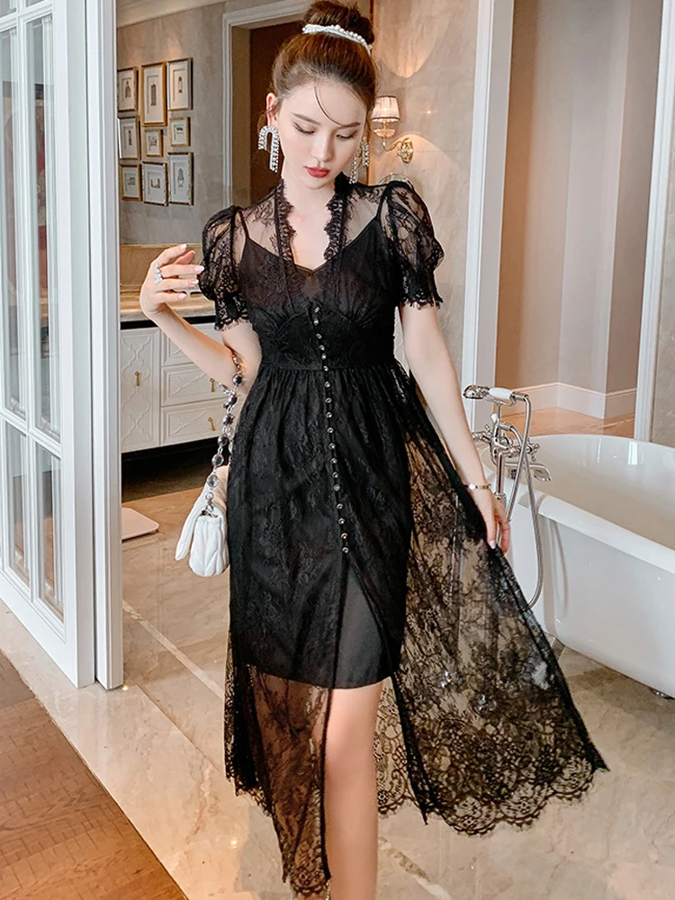 프랑스 휴가 Boho 롱 드레스 여성 섹시 블랙 시스루 레이스 싱글 브레스티드 슬릿 로브 여성 파티 해변 베스티도스