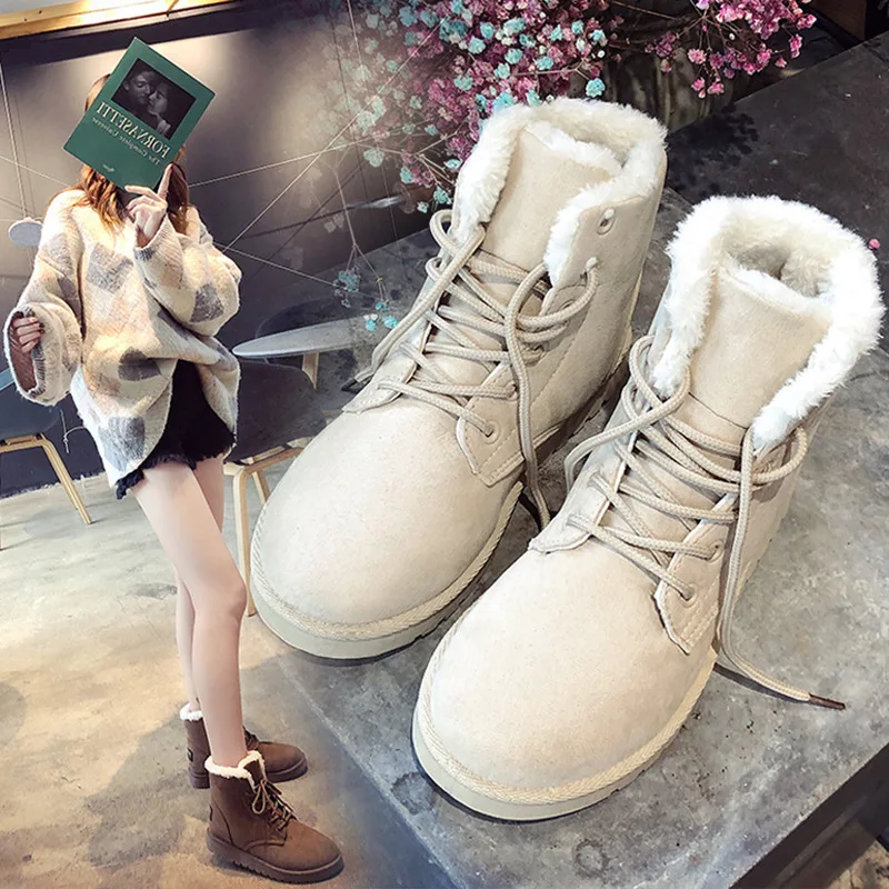 Winter New Round Head Lace Up Cotton Shoes  Women Plush Insulation Flat Bottom Snow Boots
