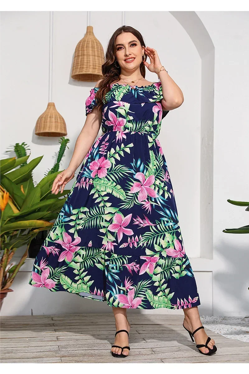 Długie sukienki z odkrytymi ramionami Plus Size Kobiety Casual Loose Sex Beach Dress Office Lady Slash Neck Streetwear Wiosna Lato