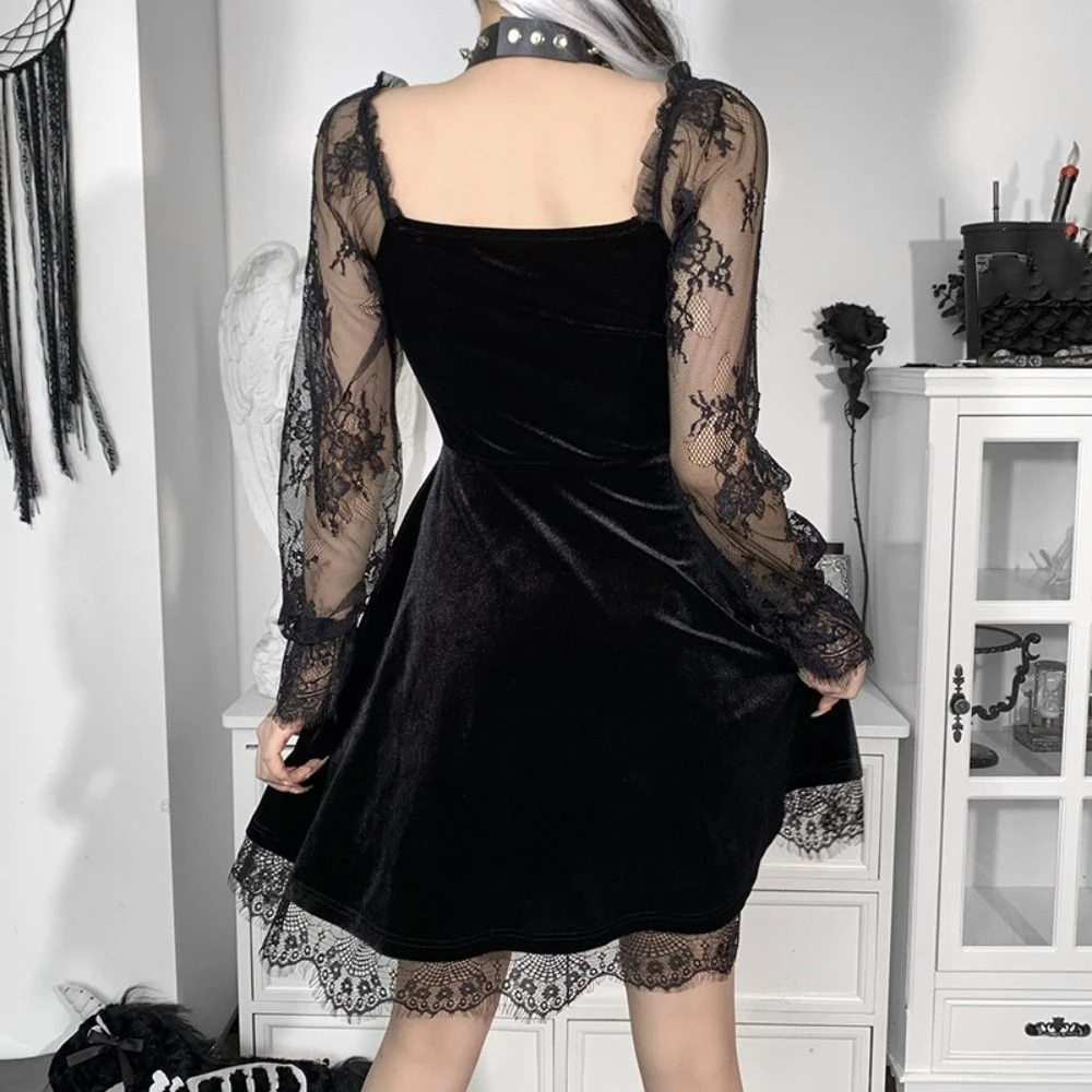 Minivestido transparente de manga larga con volantes para mujer, vestido Vintage de retazos con adornos de encaje, ropa de calle flocada, vestido gótico Y2k