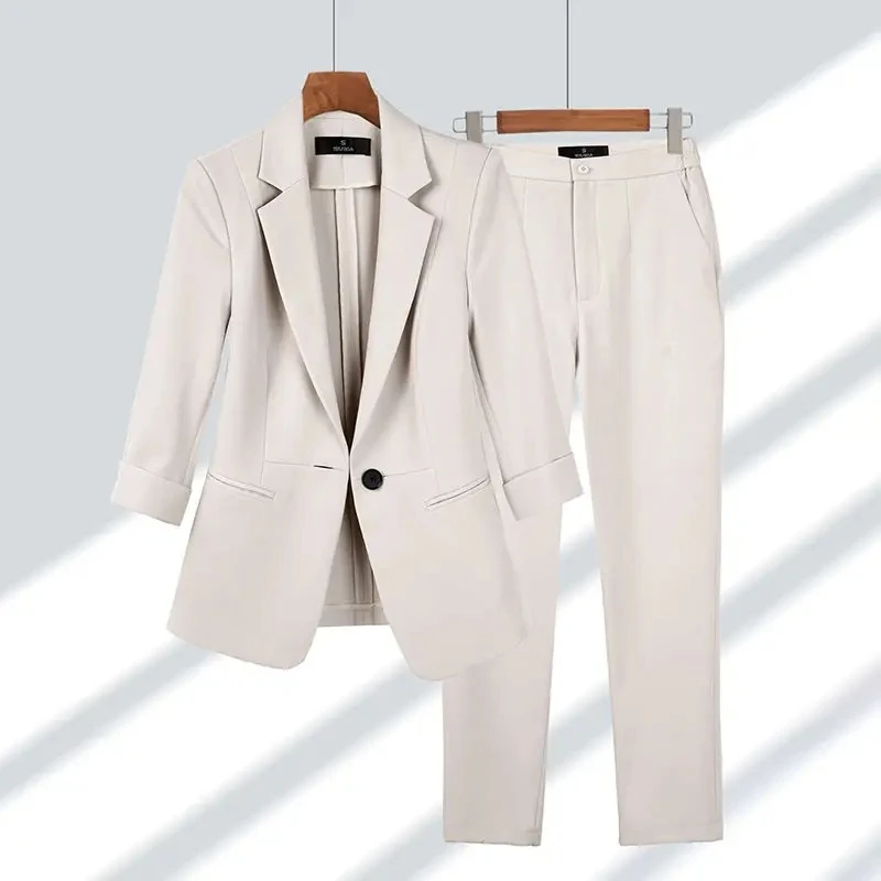 Women Basic Joker Blazer Pants Set 2024 Spring Summer Office Lady Thin Solid Three Quarter Suit Jackets Workwear Outfits Female