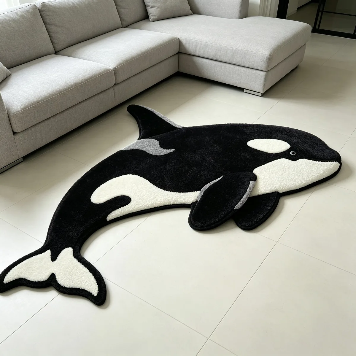 VIKAMA Cute Orca Killer Whale Shaped Rug Black‑White Ocean Animal Print Non‑Slip Washable Soft Carpet for Living Room Bedroom