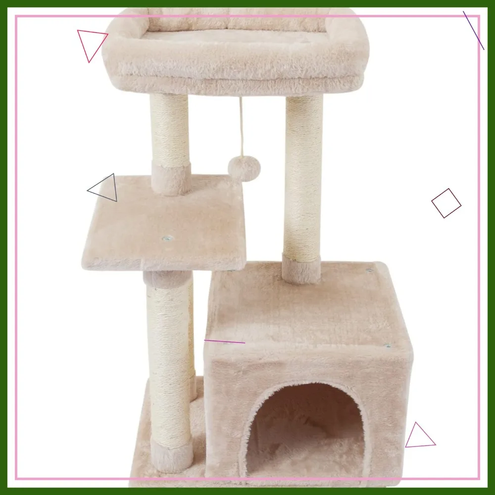 

Милый кошачий комплекс-башня для дома: сизалевые столбики для царапания, платформы для прыжков, игровой центр, домик для игр, бежевый