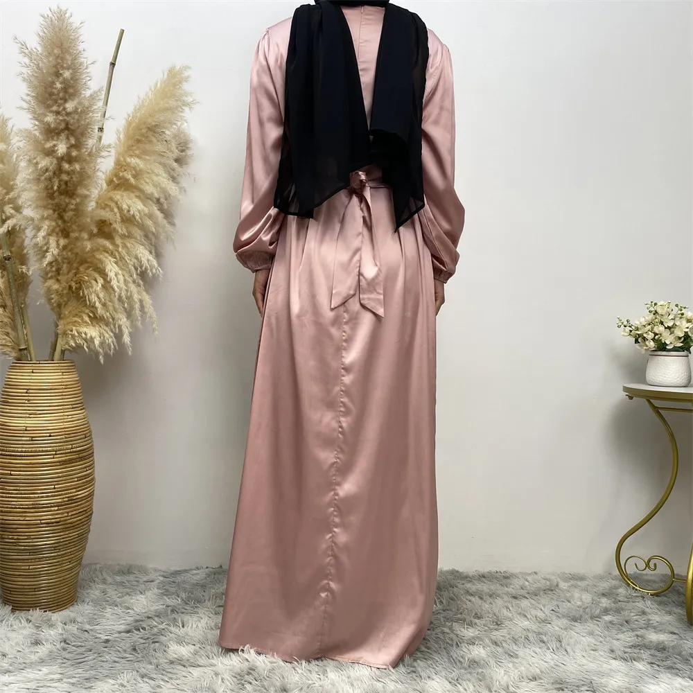 

UNI Women Arab Muslim Dresses Satin Long Sleeve Maxi Dress Solid Color Wrap Evening Robe Party Dress Prom De Soiree