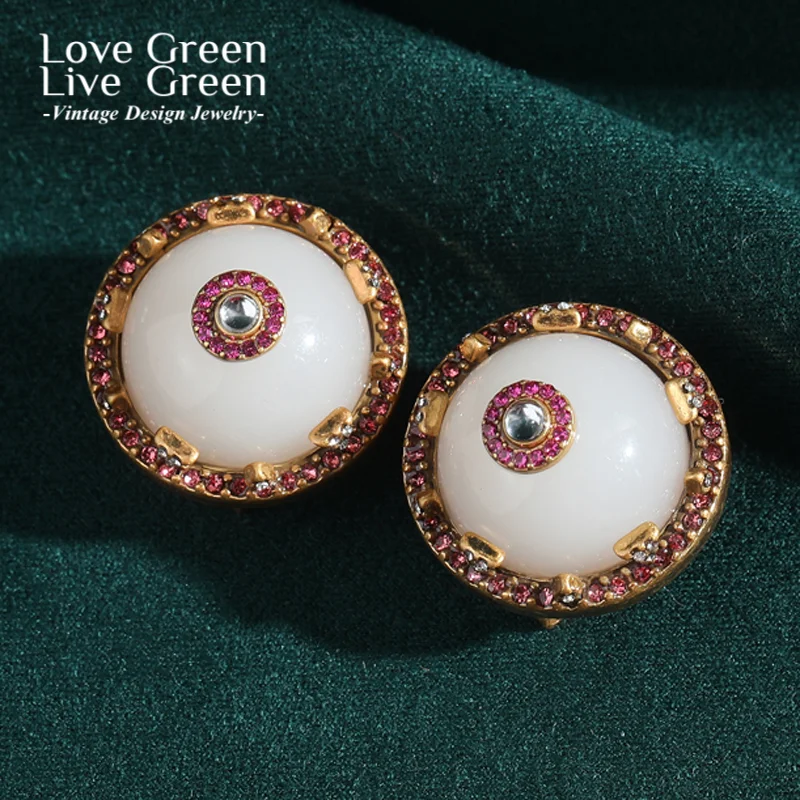 خمر الأبيض اليشم الوردي أقراط مسمار حجر الراين الجولة الفاخرة العلامة التجارية مجوهرات المصممين الذهب اللون امرأة اكسسوارات الحفلات 2025