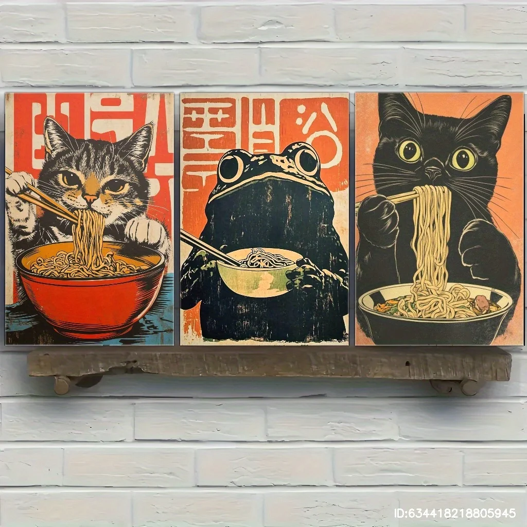 3pcs/set Black Cat and Frog Eating Ramen Weird Kitchen Canvas Print Japanese Retro Food Wall Art Poster for Cafe Bar Home Decor