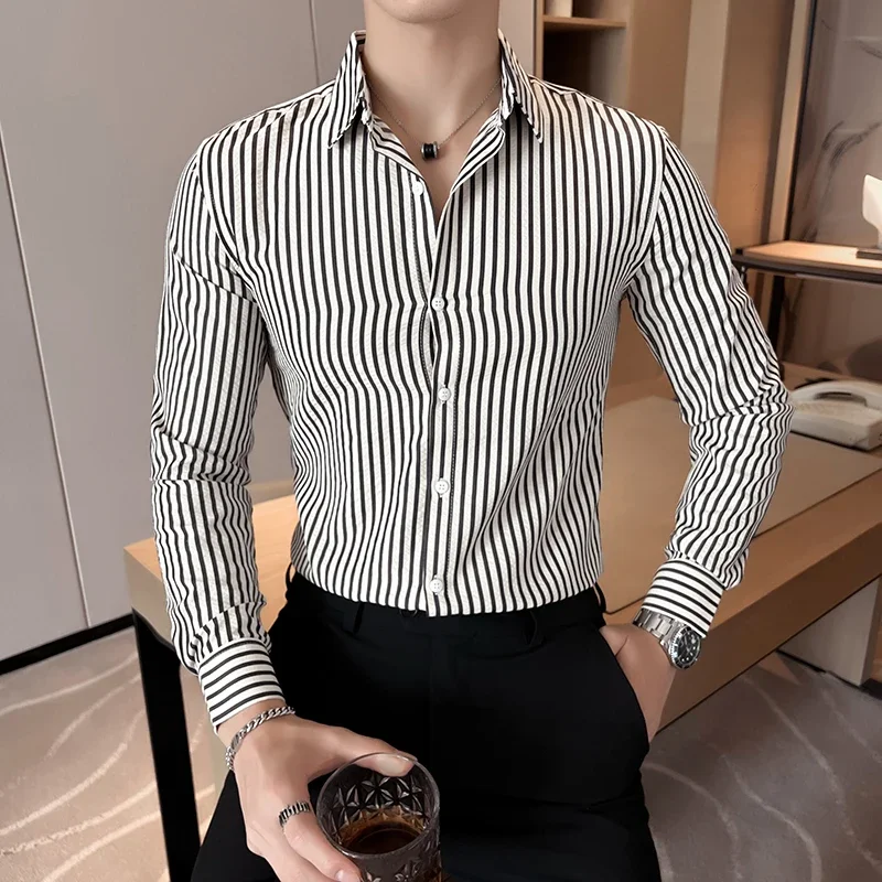 Business New Men's Striped Shirt, Slim-Fit High-Grade Long-Sleeved Shirt, Fashionable Gentleman Top, Talks, Banquets, Daily